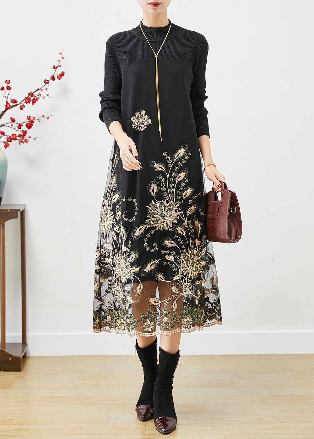 Khaki Patchwork Knit Holiday Dresses Embroidered Fall