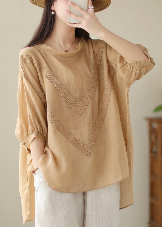 Khaki Patchwork Linen Shirt Oversized Low High Design Summer