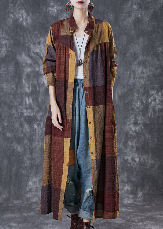 Khaki Plaid Linen Maxi Dresses Oversized Fall