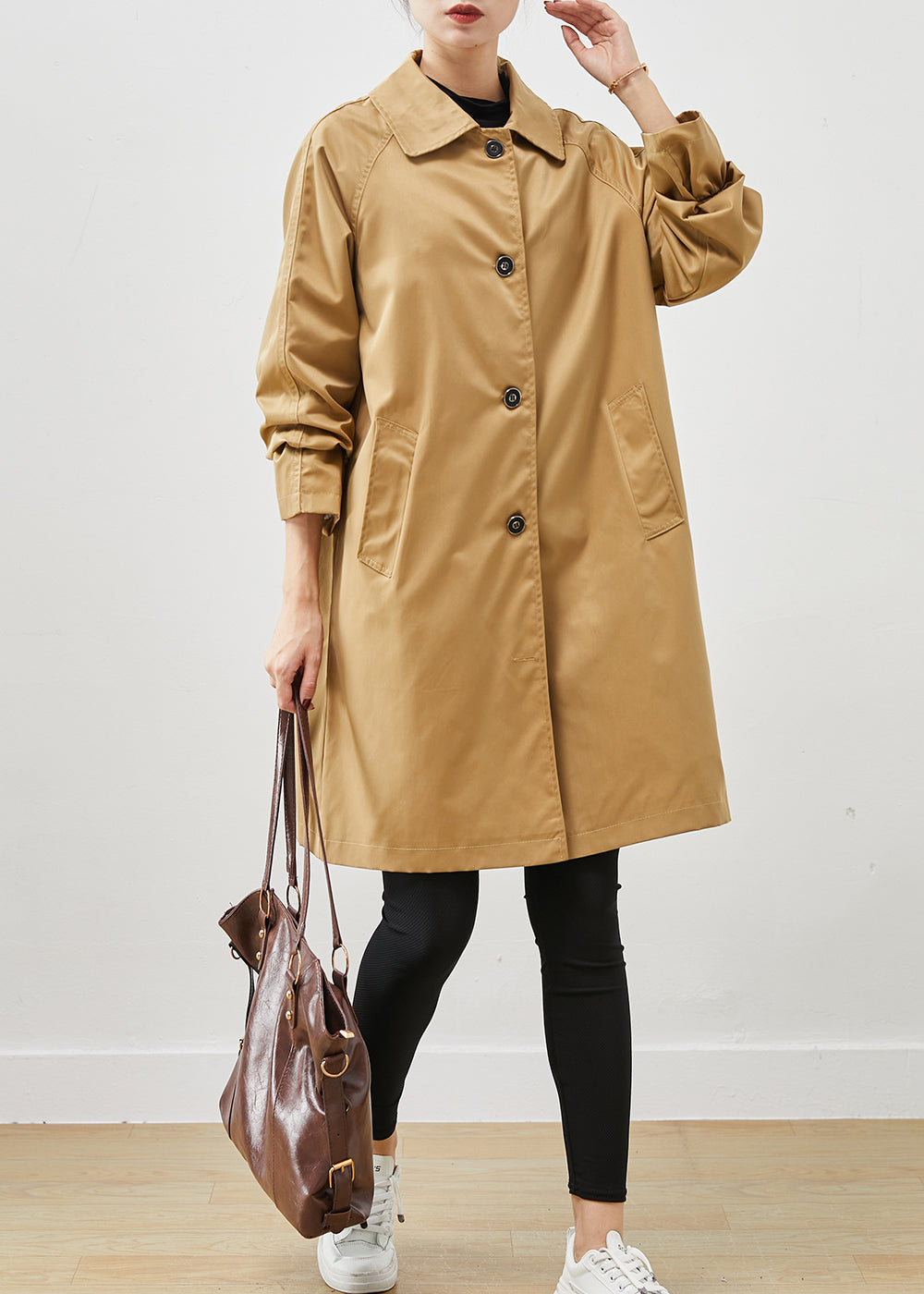 Khaki Pockets Cotton Coat Outwear Oversized Spring