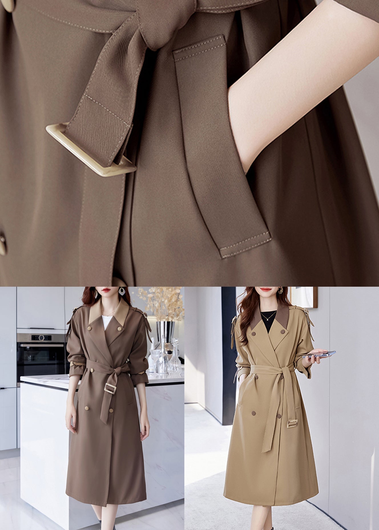 Khaki Pockets Patchwork Cotton Trench Coat Notched Long Sleeve