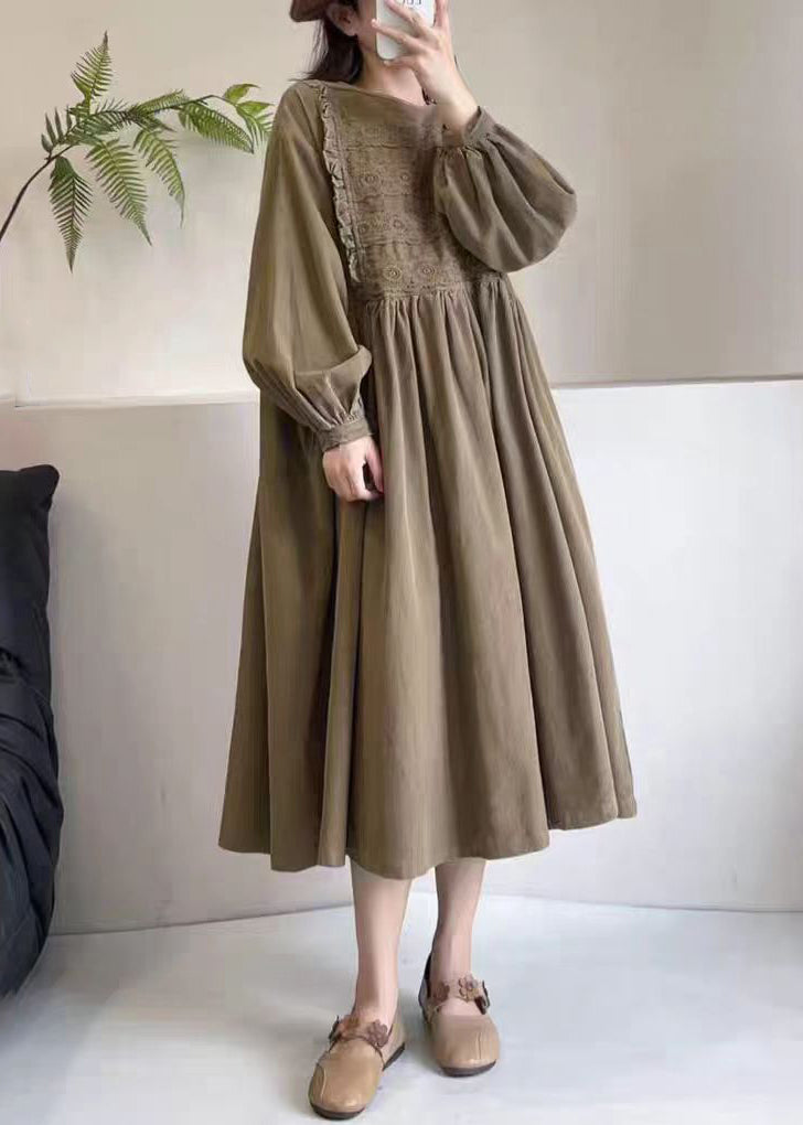 Khaki Pockets Wrinkled Corduroy Long Dress O Neck Long Sleeve