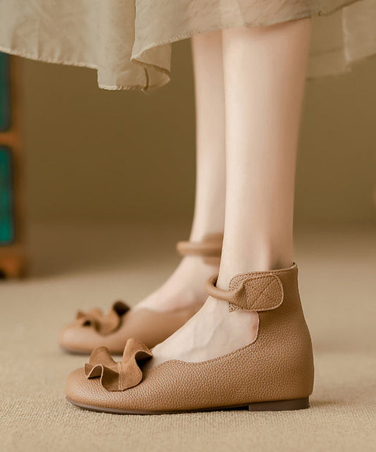 Khaki Ruffled Cowhide Leather Stylish Splicing Flats Buckle Strap