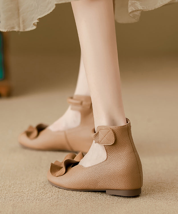 Khaki Ruffled Cowhide Leather Stylish Splicing Flats Buckle Strap