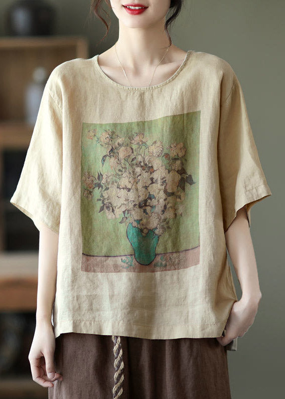 Khaki Side Open Linen T Shirt Half Sleeve