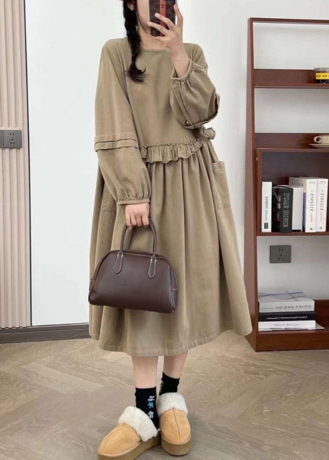 Khaki Wrinkled Cotton Long Dress O Neck Long Sleeve