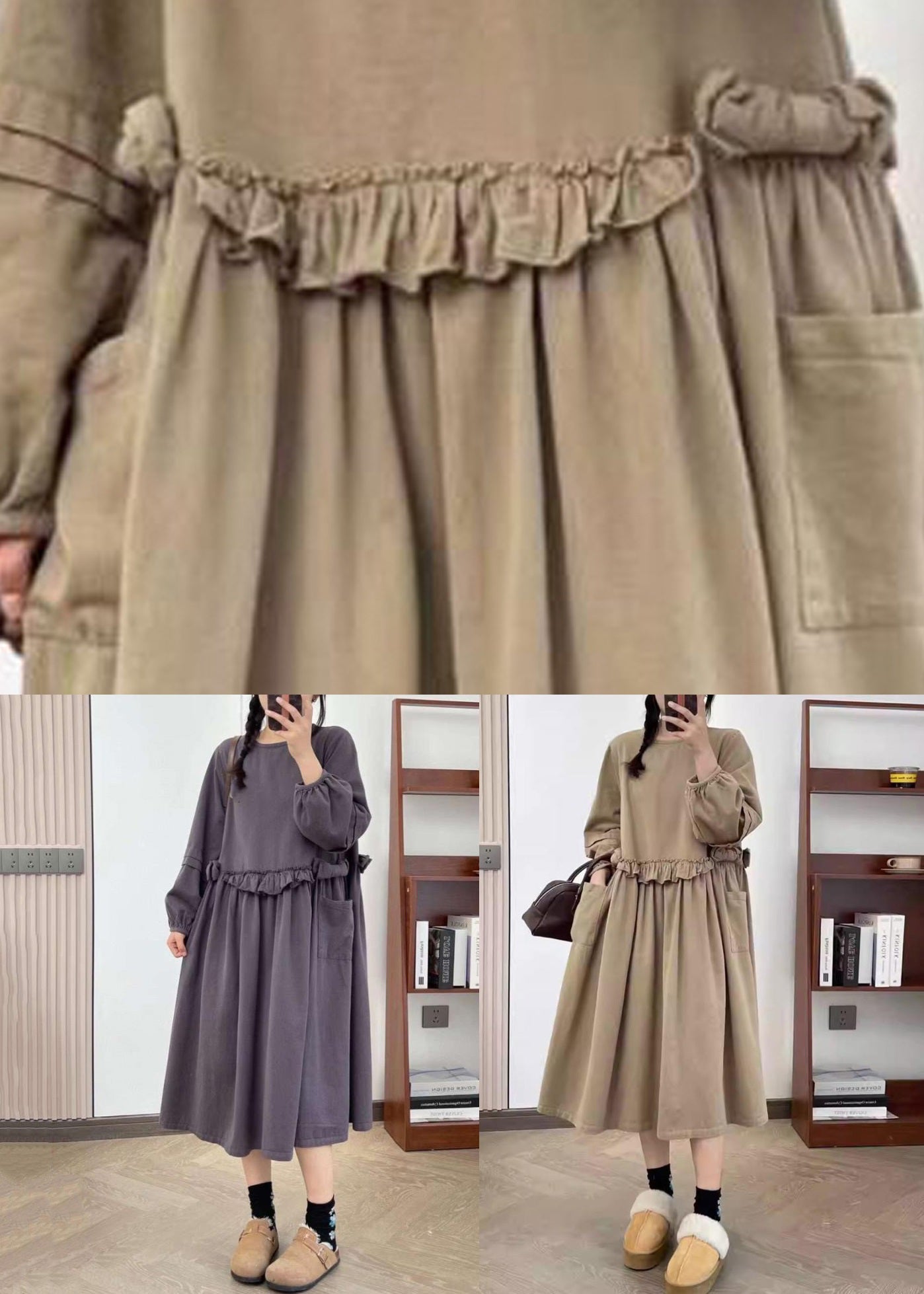 Khaki Wrinkled Cotton Long Dress O Neck Long Sleeve