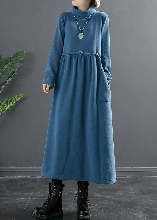 Lake Blue Pockets Thick Cotton Knit Long Dresses Turtleneck Long Sleeve