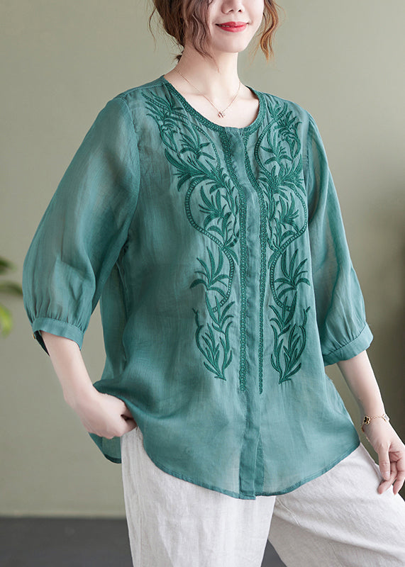 Lake Green Loose Linen Blouse Tops Embroidered Bracelet Sleeve