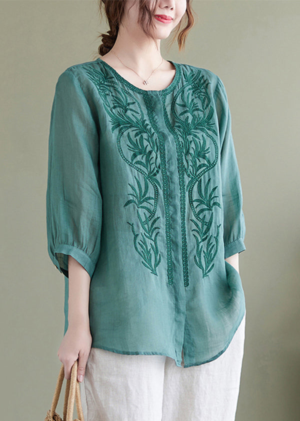 Lake Green Loose Linen Blouse Tops Embroidered Bracelet Sleeve