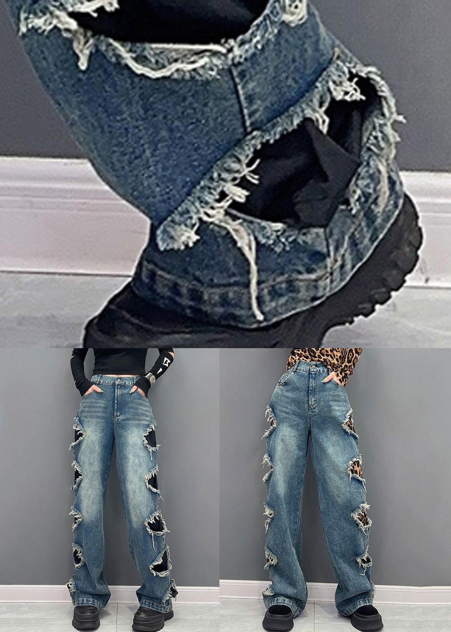 Leopard Pockets Patchwork Denim Pants High Waist