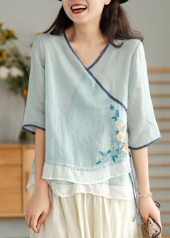 Light Blue O Neck Asymmetrical Lace Up  Linen Top Spring