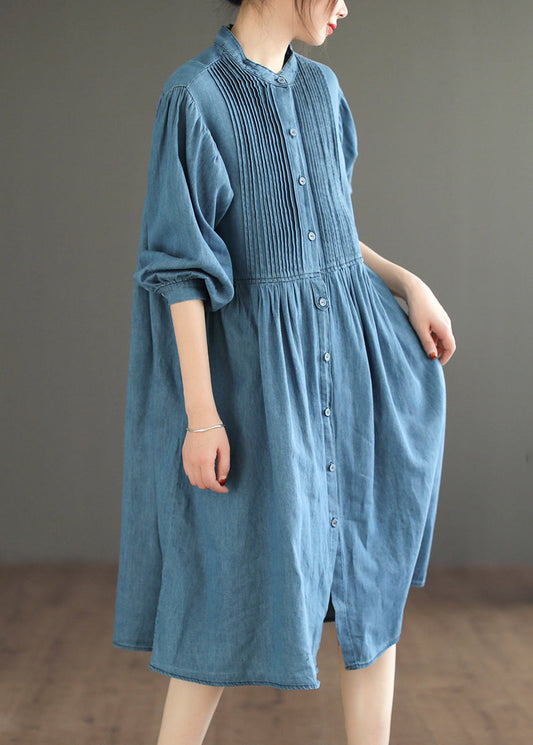 Light Blue Wrinkled Patchwork Denim O-Neck Dress Long Sleeve