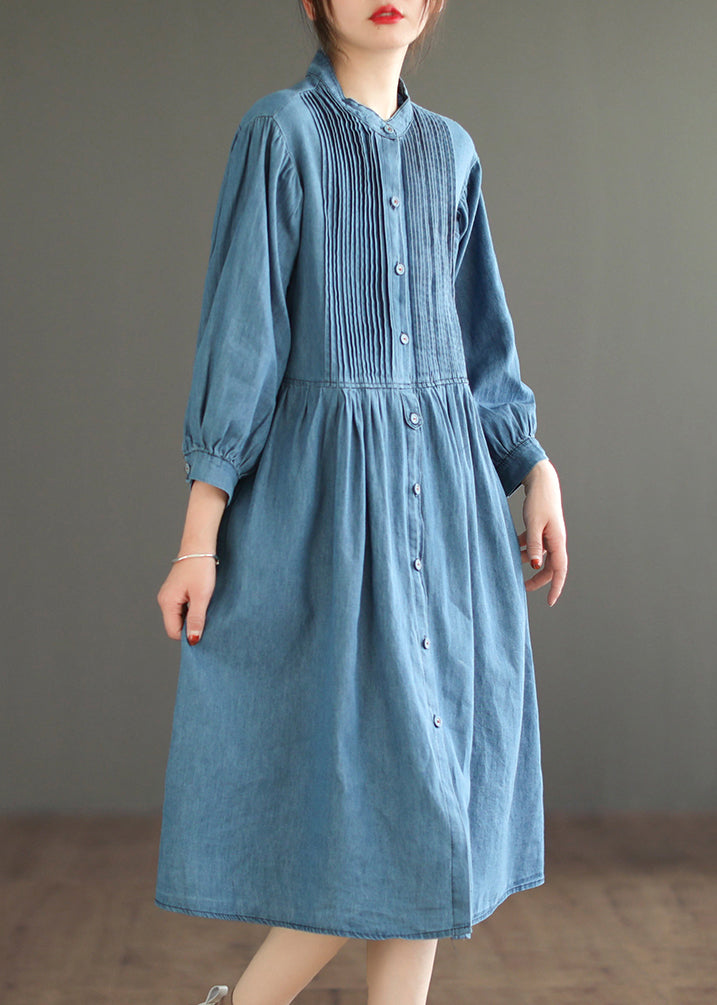 Light Blue Wrinkled Patchwork Denim O-Neck Dress Long Sleeve