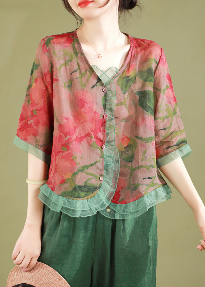 Light Green Print Patchwork Linen Shirt Top V Neck Half Sleeve