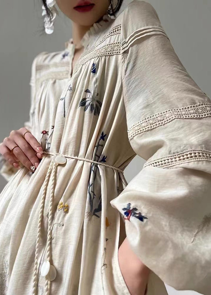 Loose Beige Embroidered Ruffled Pockets Linen Dress Long Sleeve