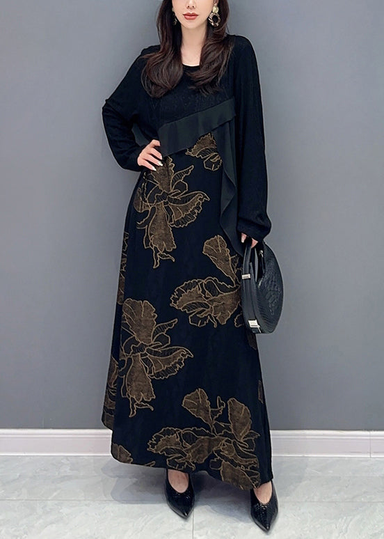 Loose Black Asymmetrical Print Patchwork Cotton Knit Long Dress Fall