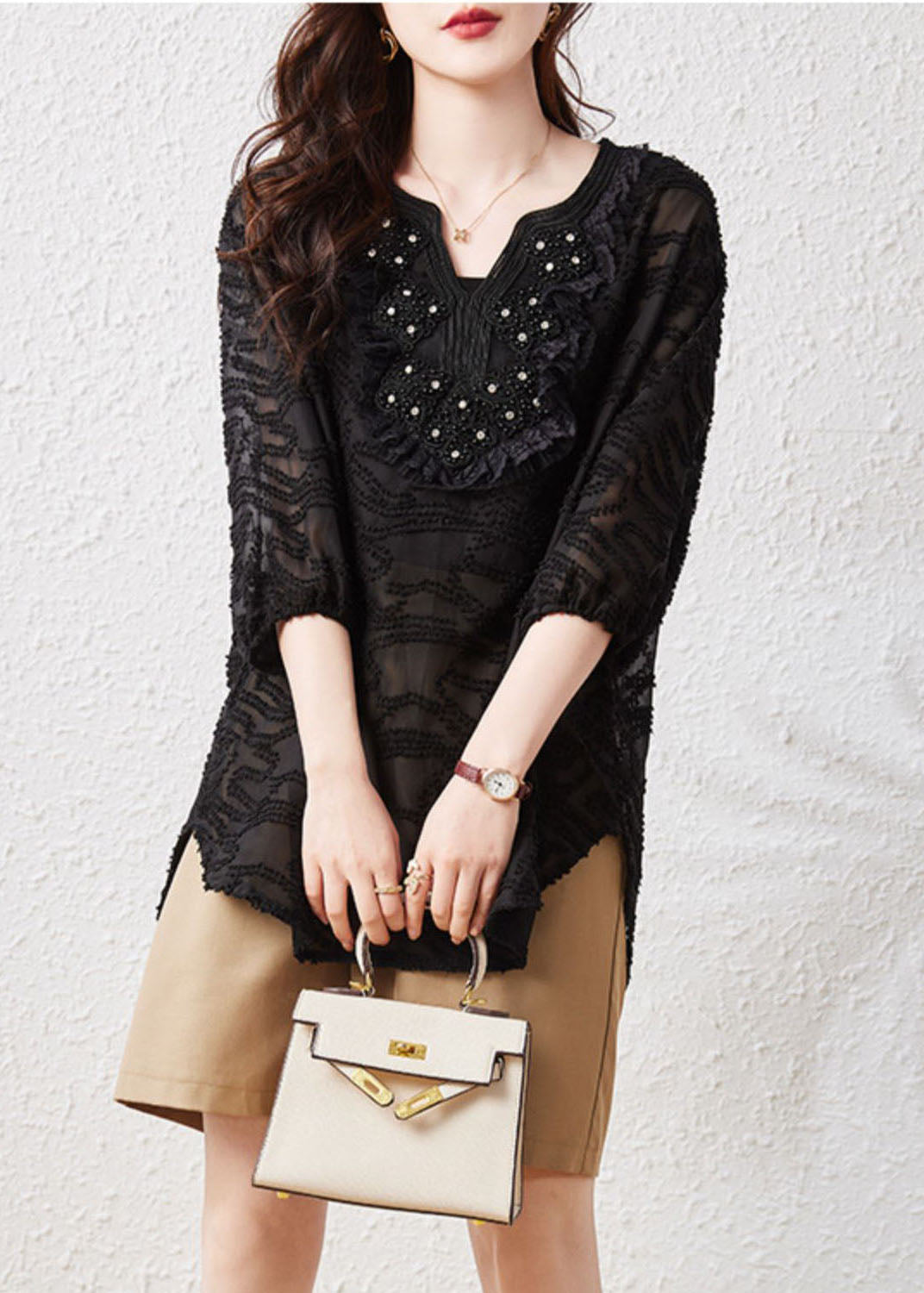 Loose Black Embroidered Nail Bead Patchwork Chiffon Shirt Tops Summer