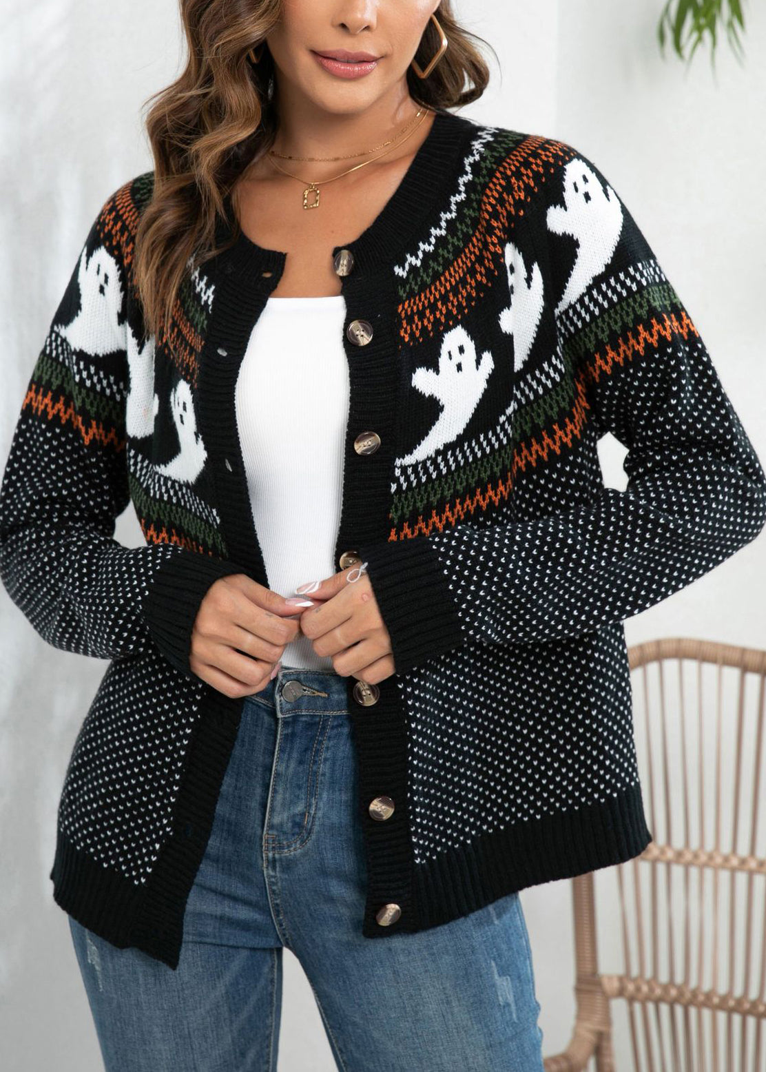 Loose Black Ghost Dot Patchwork Knit Cardigan Fall