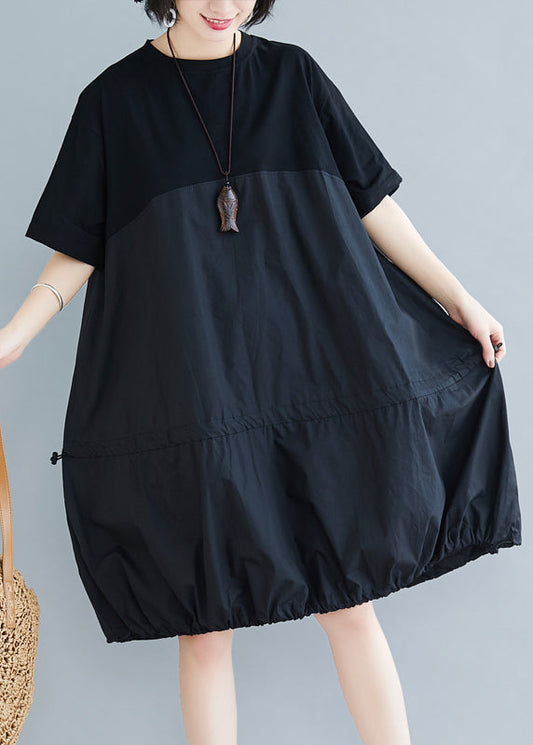 Loose Black O Neck Drawstring Patchwork Cotton Dresses Summer