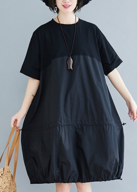 Loose Black O Neck Drawstring Patchwork Cotton Dresses Summer