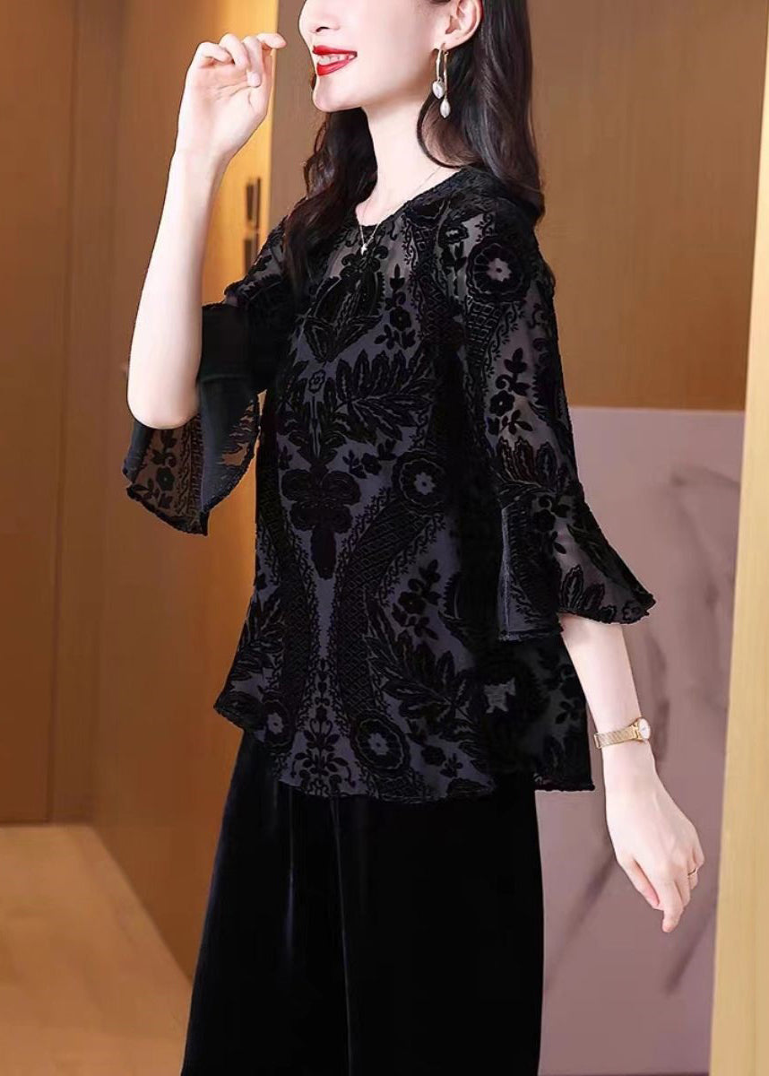 Loose Black O Neck Embroidered Patchwork Silk Velour Lantern Sleeve