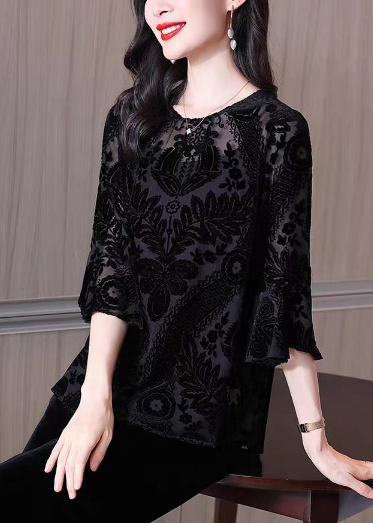 Loose Black O Neck Embroidered Patchwork Silk Velour Lantern Sleeve