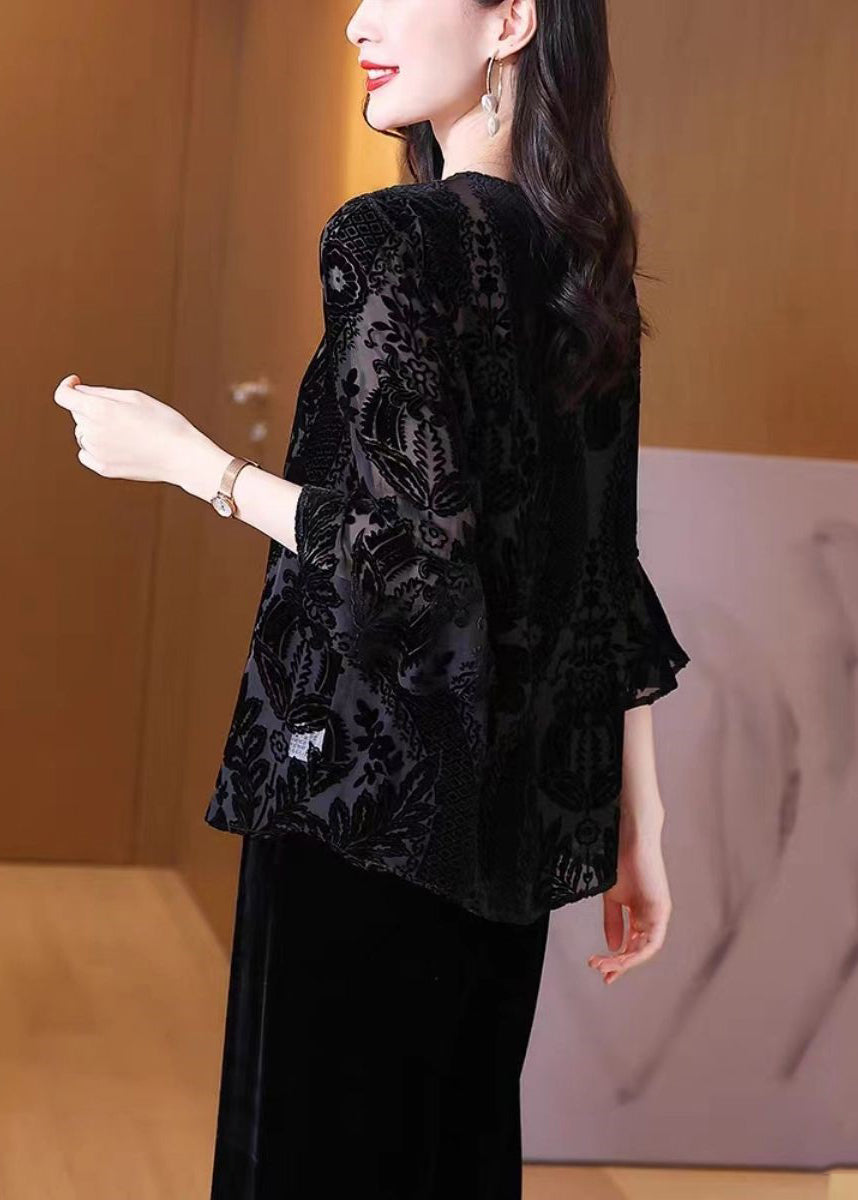 Loose Black O Neck Embroidered Patchwork Silk Velour Lantern Sleeve