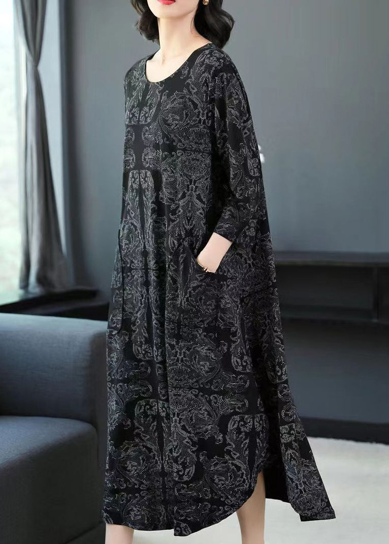 Loose Black O Neck Print Pockets Cotton Long Dresses Spring