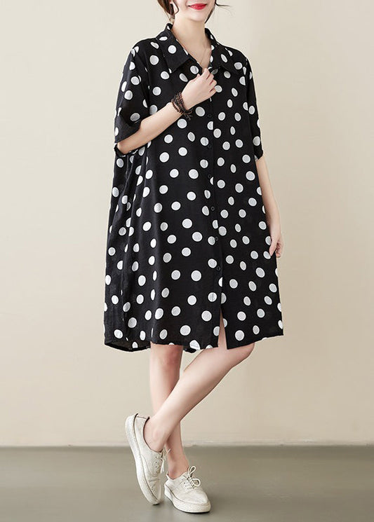 Loose Black Peter Pan Collar Dot Print Cotton Shirts Dress Summer