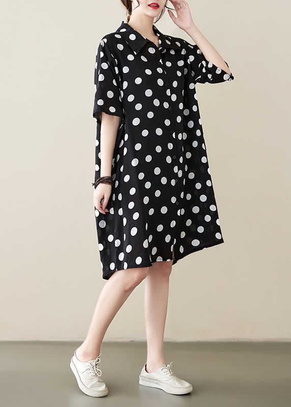 Loose Black Peter Pan Collar Dot Print Cotton Shirts Dress Summer