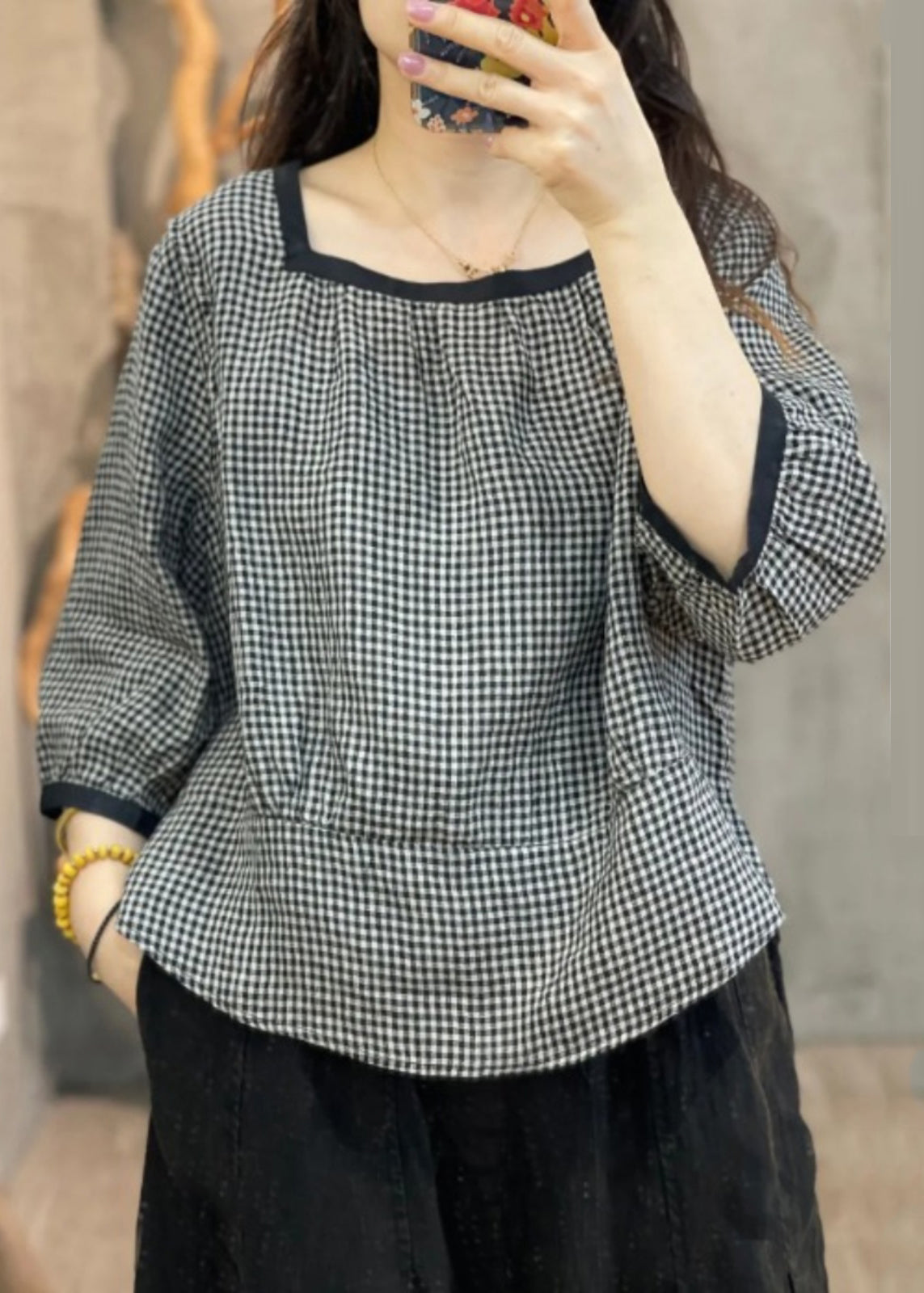 Loose Black Plaid O-Neck Patchwork Shirt Bracelet Sleeve