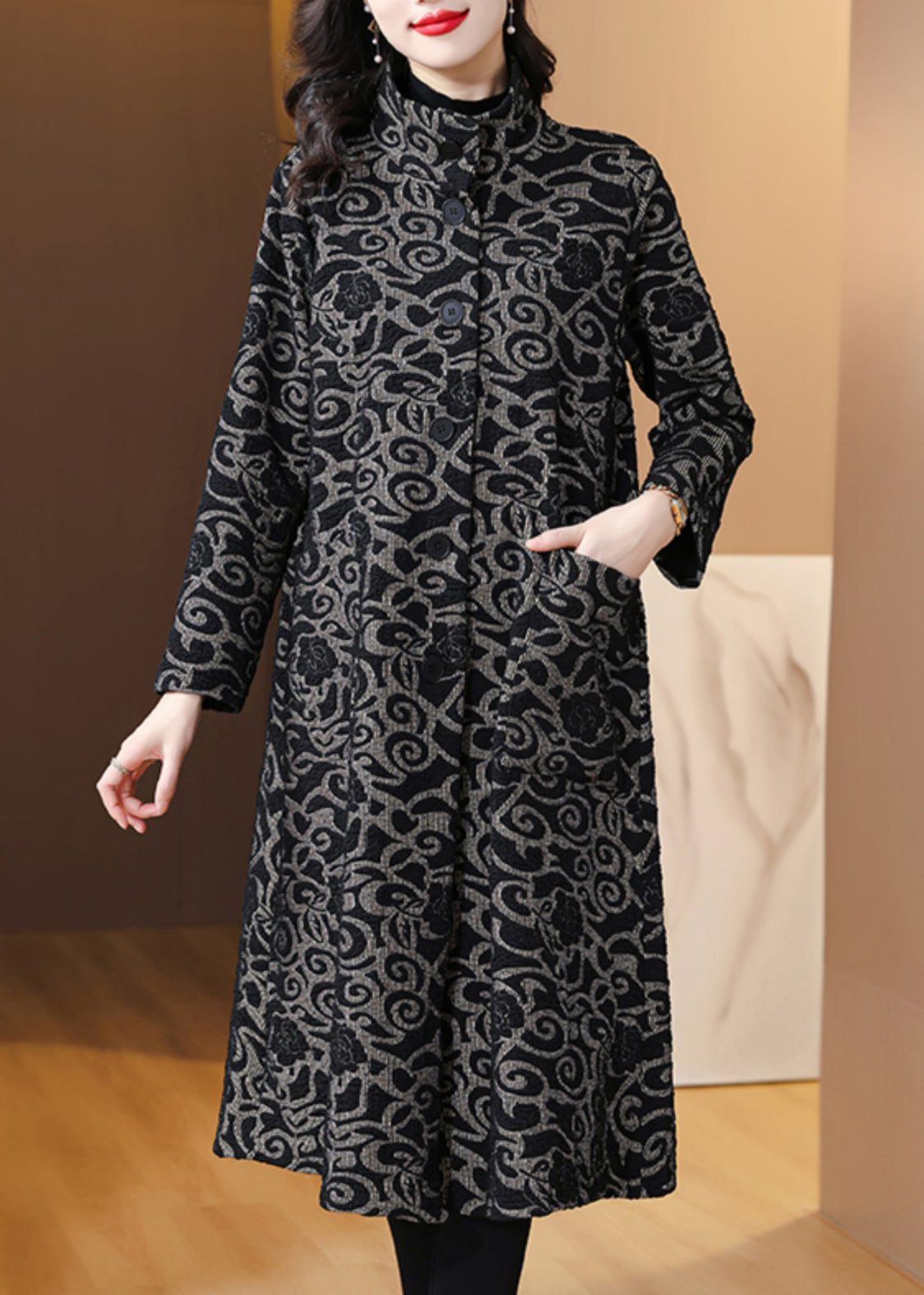 Loose Black Pockets Jacquard Cotton Trench Spring