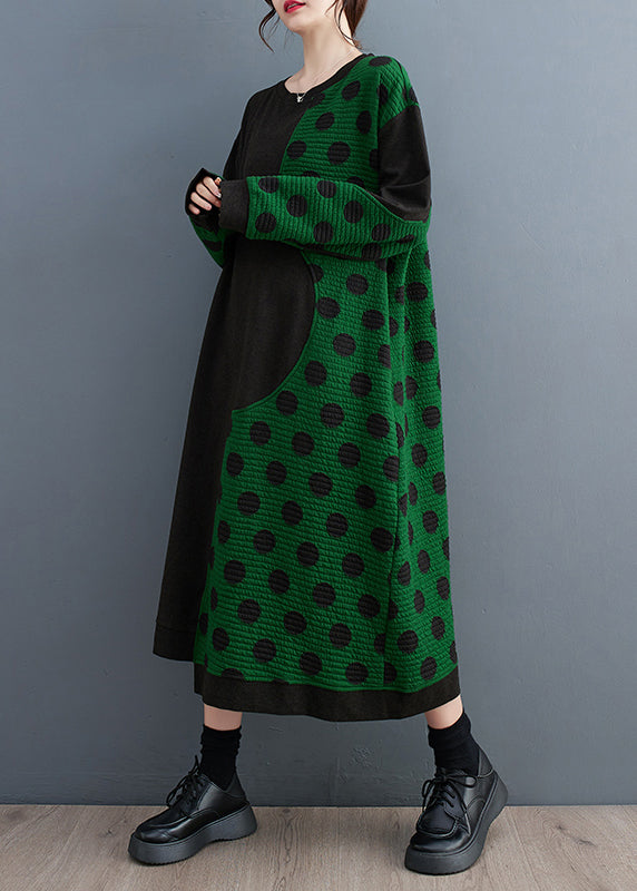 Loose Black Print Pockets Patchwork Cotton Long Dresses Fall