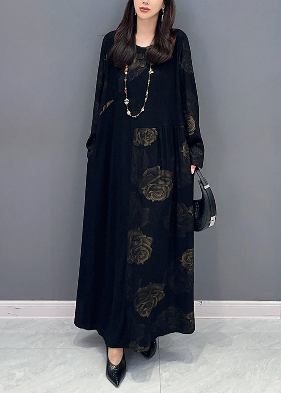 Loose Black Print Pockets Patchwork Cotton Long Dresses Long Sleeve