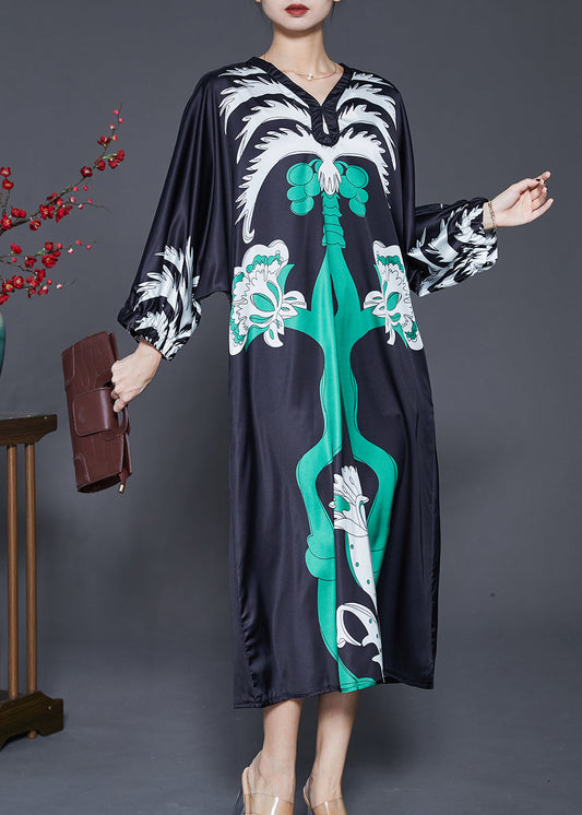 Loose Black Print Side Open Silk Long Dress Spring