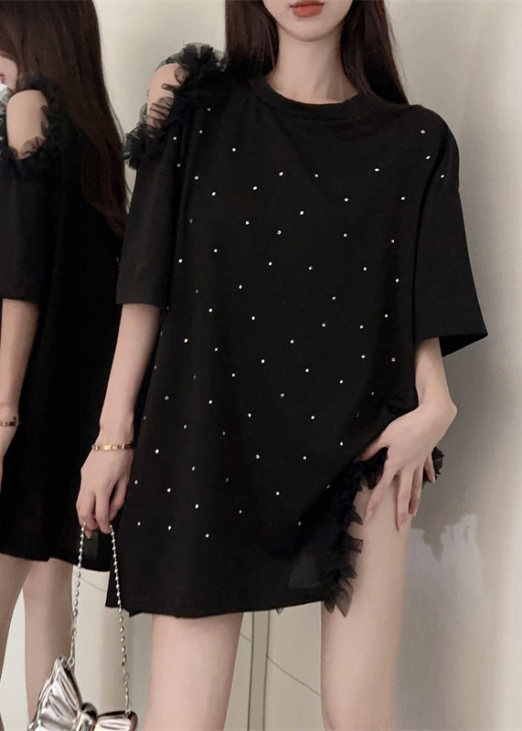 Loose Black Ruffled Zircon Patchwork Cotton T Shirt Summer