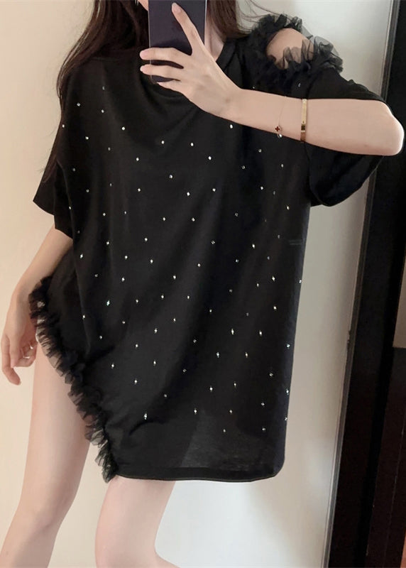 Loose Black Ruffled Zircon Patchwork Cotton T Shirt Summer