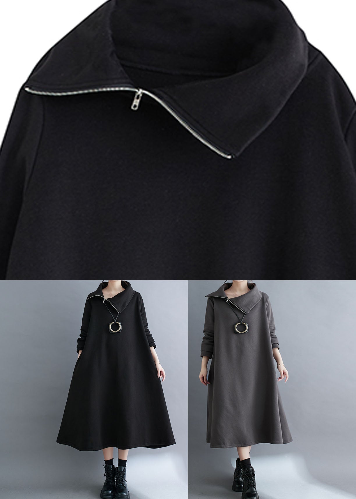 Loose Black Turtleneck Fleece Dress Long Dresses Long Sleeve