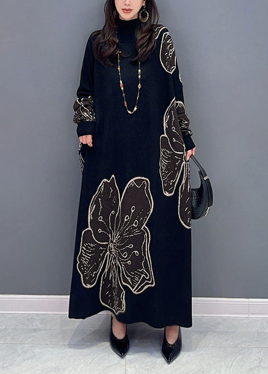 Loose Black Turtleneck Print Patchwork Cotton Knit Long Dresses Fall