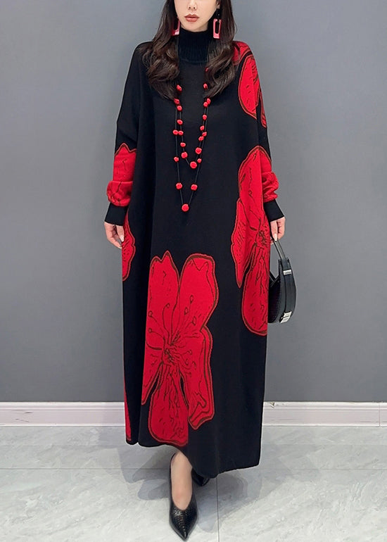 Loose Black Turtleneck Print Patchwork Cotton Knit Long Dresses Fall