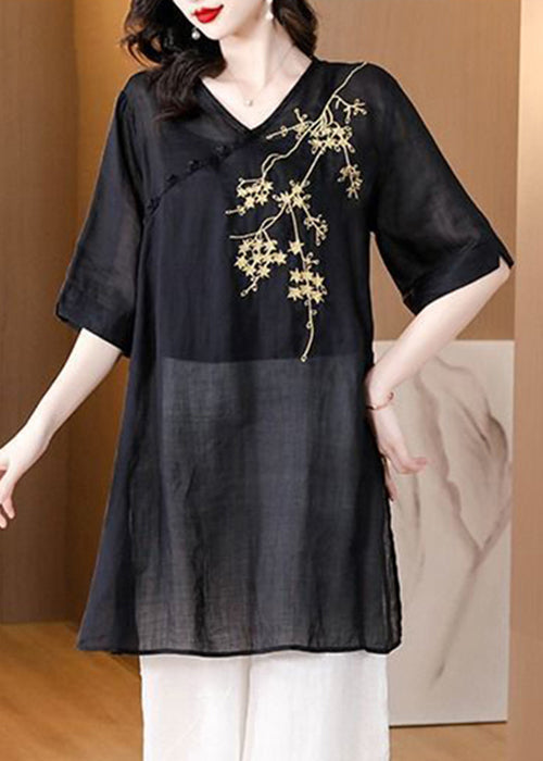 Loose Black V Neck Embroidered Cotton T Shirts Summer