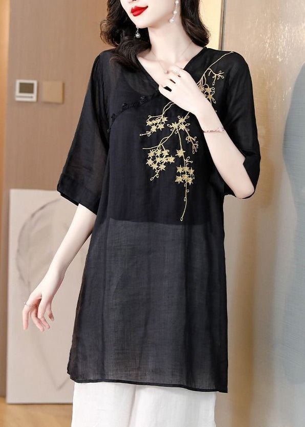 Loose Black V Neck Embroidered Cotton T Shirts Summer