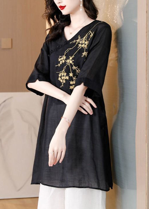 Loose Black V Neck Embroidered Cotton T Shirts Summer