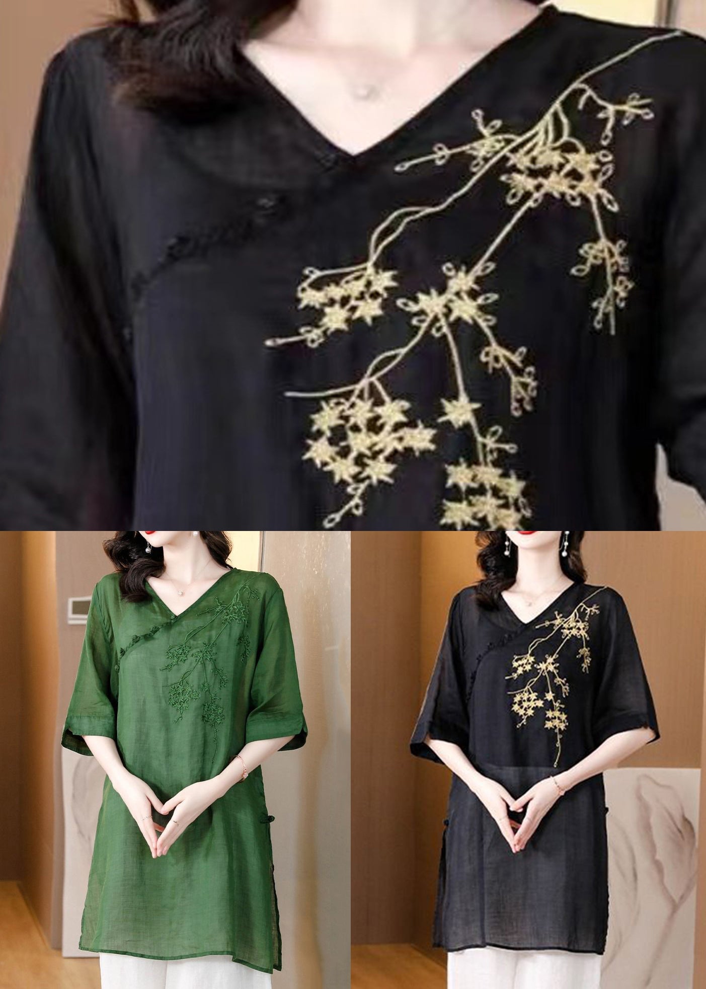 Loose Black V Neck Embroidered Cotton T Shirts Summer