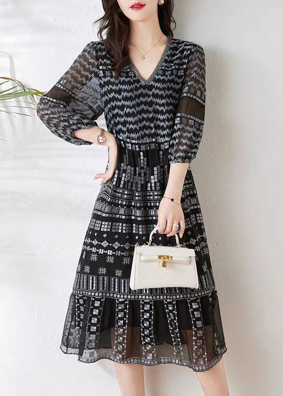 Loose Black V Neck Print Chiffon Long Dress Summer