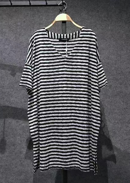 Loose Black V Neck Striped Side Open Cotton T Shirts Tops Summer