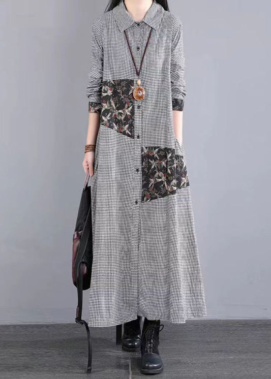 Loose Black White Plaid Peter Pan Collar Patchwork Cotton Long Dress Fall