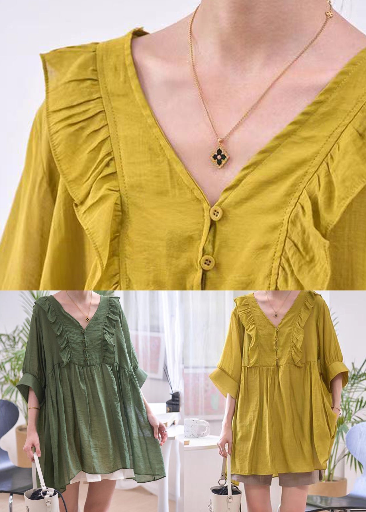 Loose Blackish Green V Neck Ruffled Cotton Shirts Summer