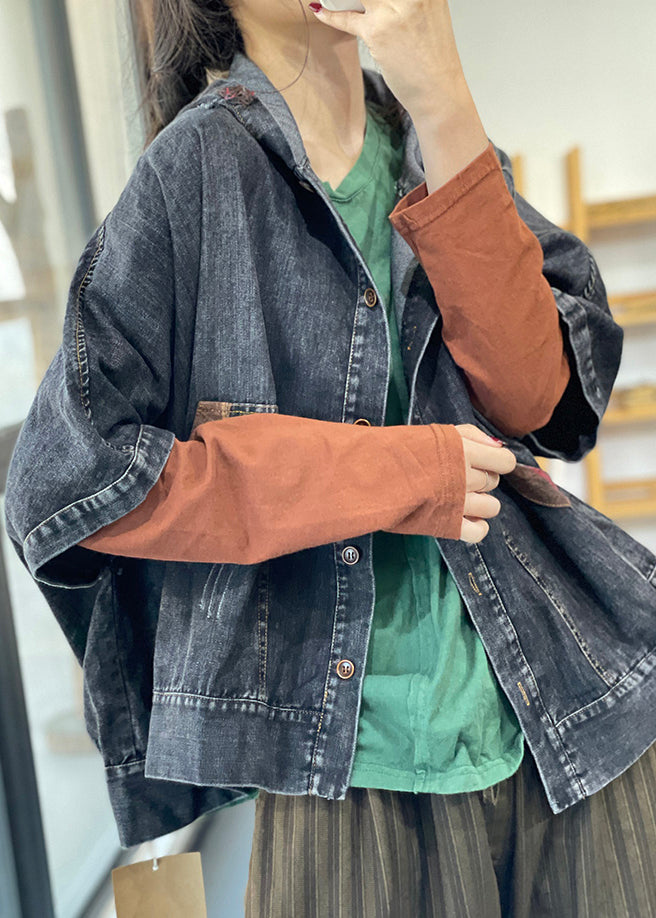 Loose Blue Hooded Button Denim Coats Half Sleeve